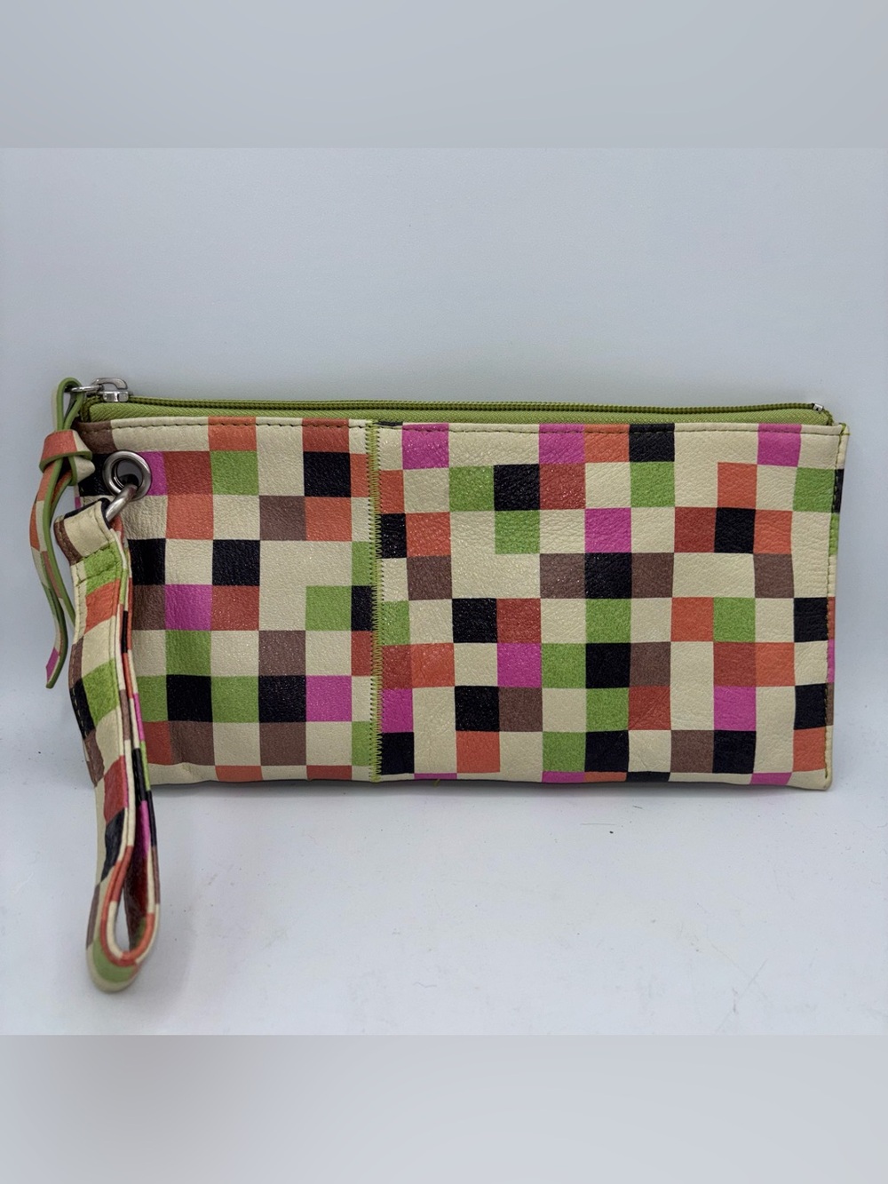 Hobo International Vida Leather Multicolor Checked Wristlet Clutch Bag
